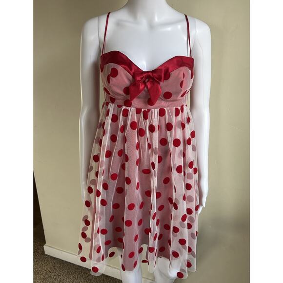 Betsey Johnson Polka Dot Mesh Babydoll Dress Womens 10 Red Pink Valentine - Picture 16 of 16